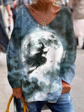 Women's Halloween Darkness Witch Printed Long Sleeve V-Neck Top